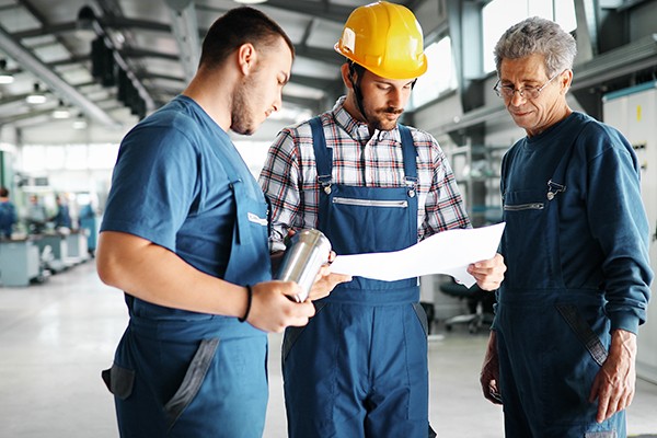 Supplier with engineer checking on production in factory